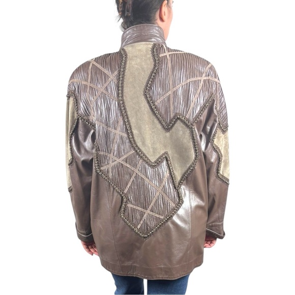 VINTAGE 80S LEATHER WOOL PATCHWORK ABSTRACT TAUPE TAN STATEMENT JACKET NORMA - Picture 2 of 15